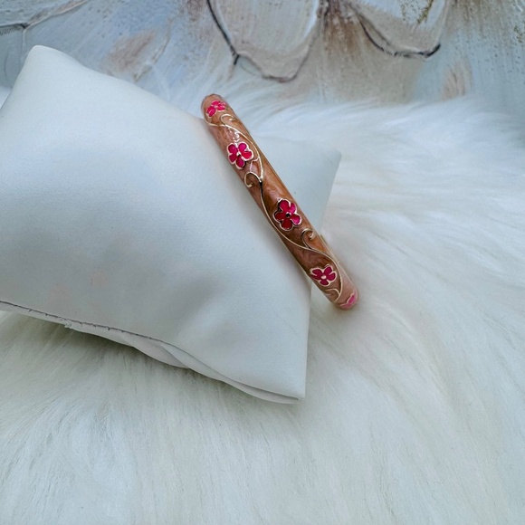 Pink Floral & Brown Enamel Cloisonne Bracelet Bangle - Picture 5 of 8